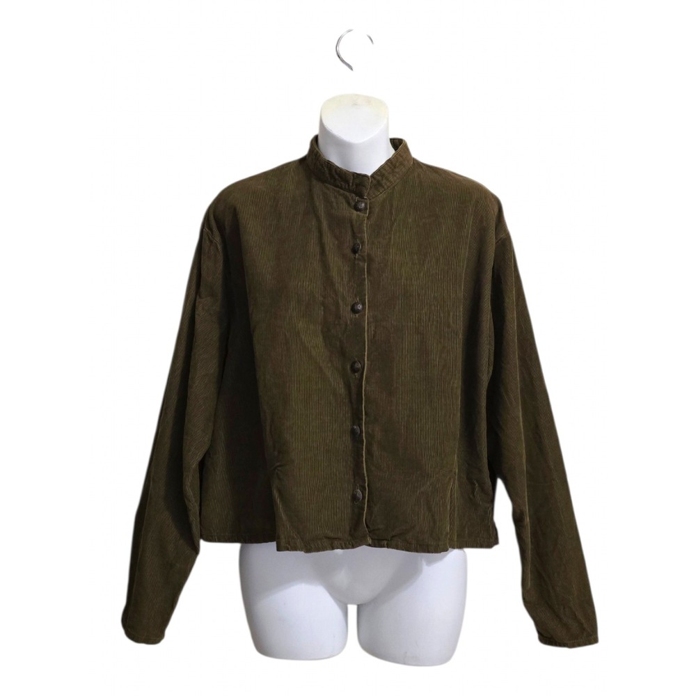 Flax Vintage Lagenlook Boxy Madarin Collar Corduroy Jacket In Olive Sz L